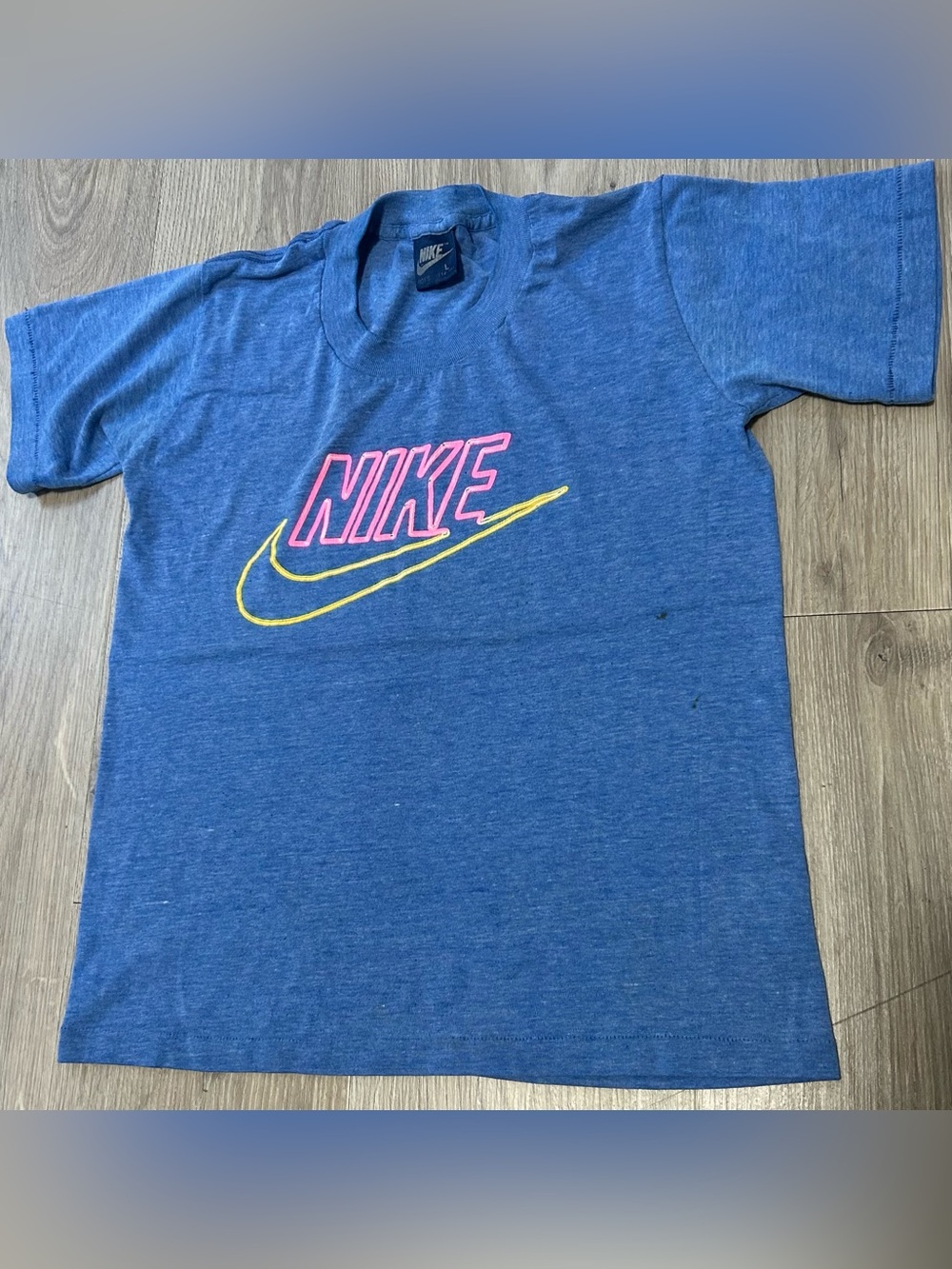 Vintage 80’s Nike Blue tag with neon Logo and Swoosh youth L 8-10 yrs